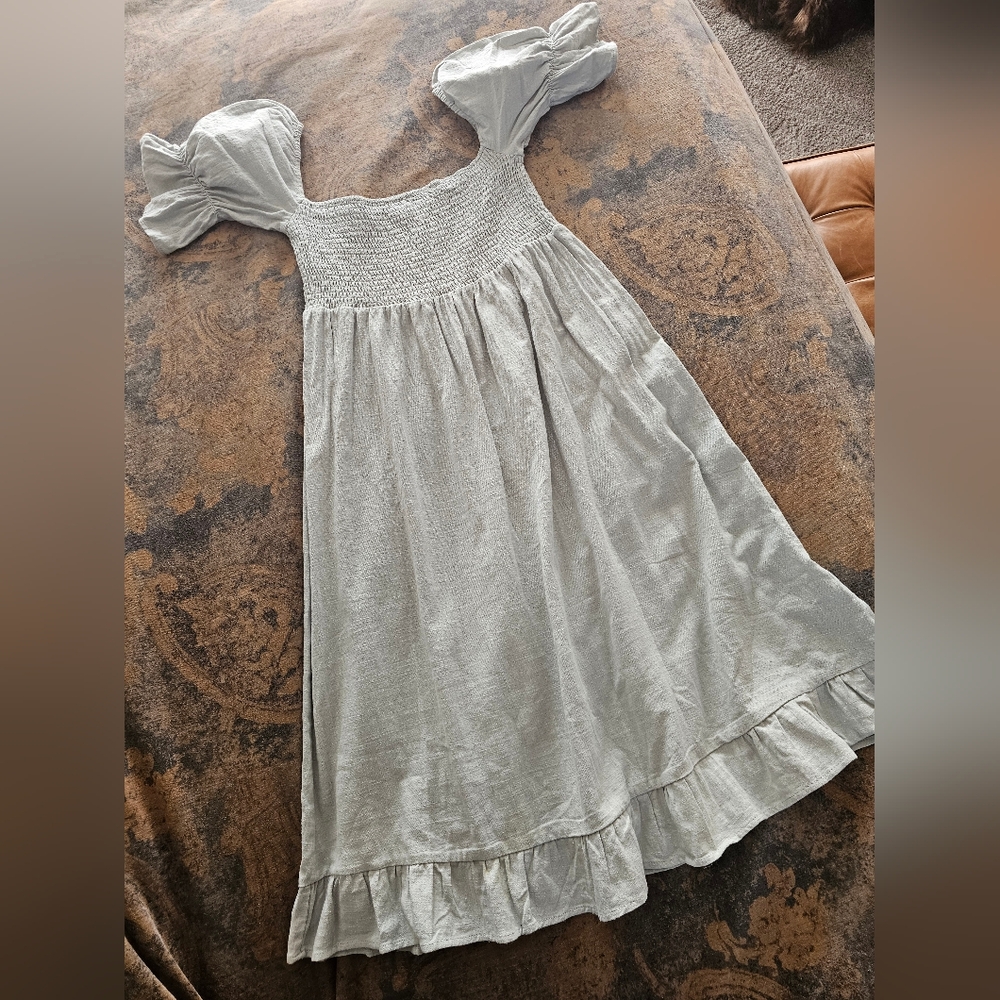 Pale Green Maxi Dress Cotton Linen Smocking Natural XL
